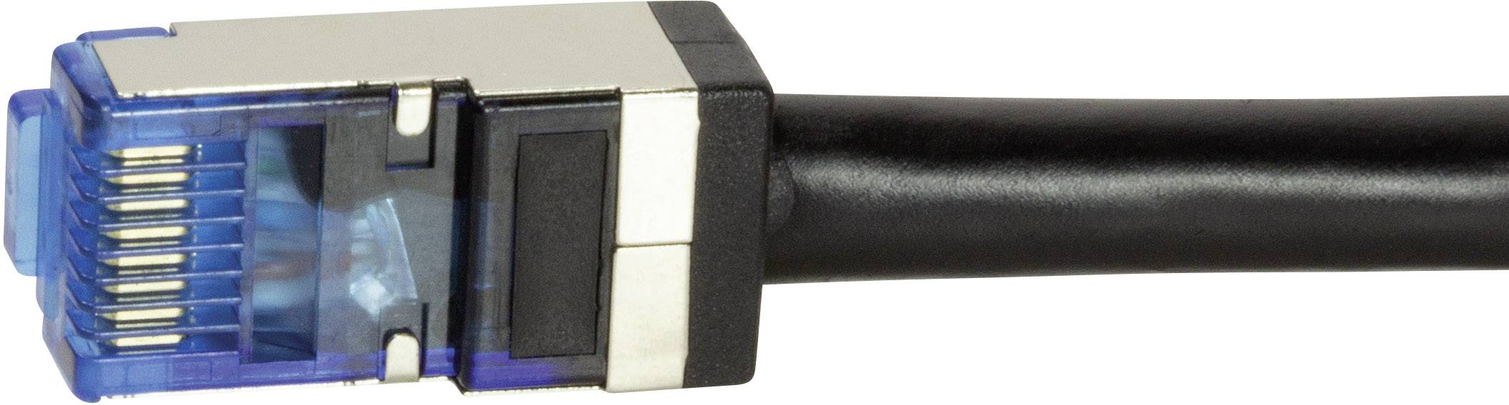 Ein Ethernet-Kabel mit einem blauen Stecker und schwarzen Kabel, verwendet für Netzwerkverbindungen.