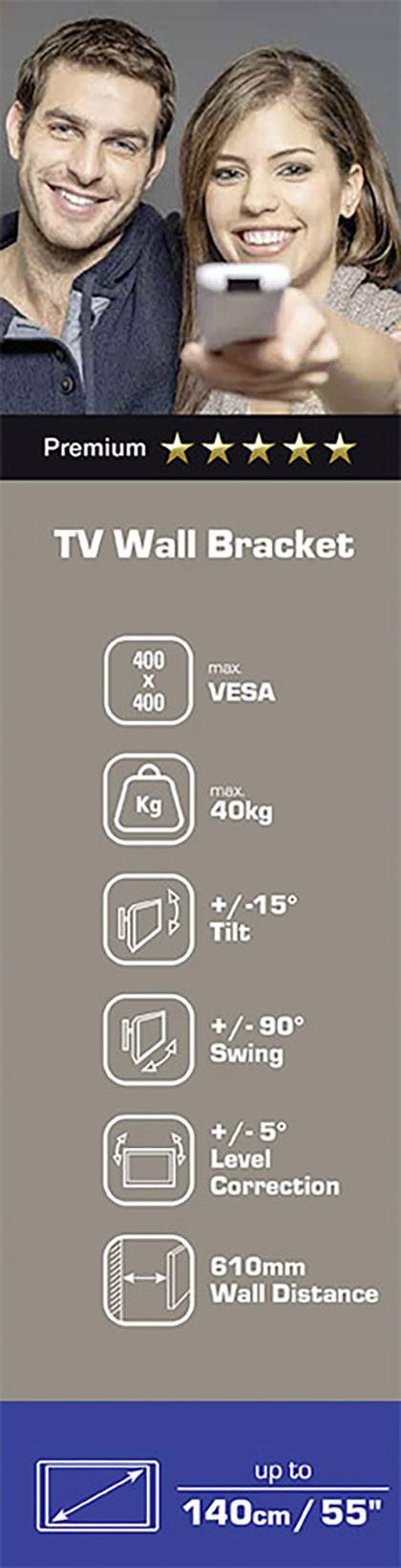 Vivanco BFMO 8140 TV-Wandhalterung 101,6cm (40") - 139,7cm (55") Neigbar+Schwenkbar