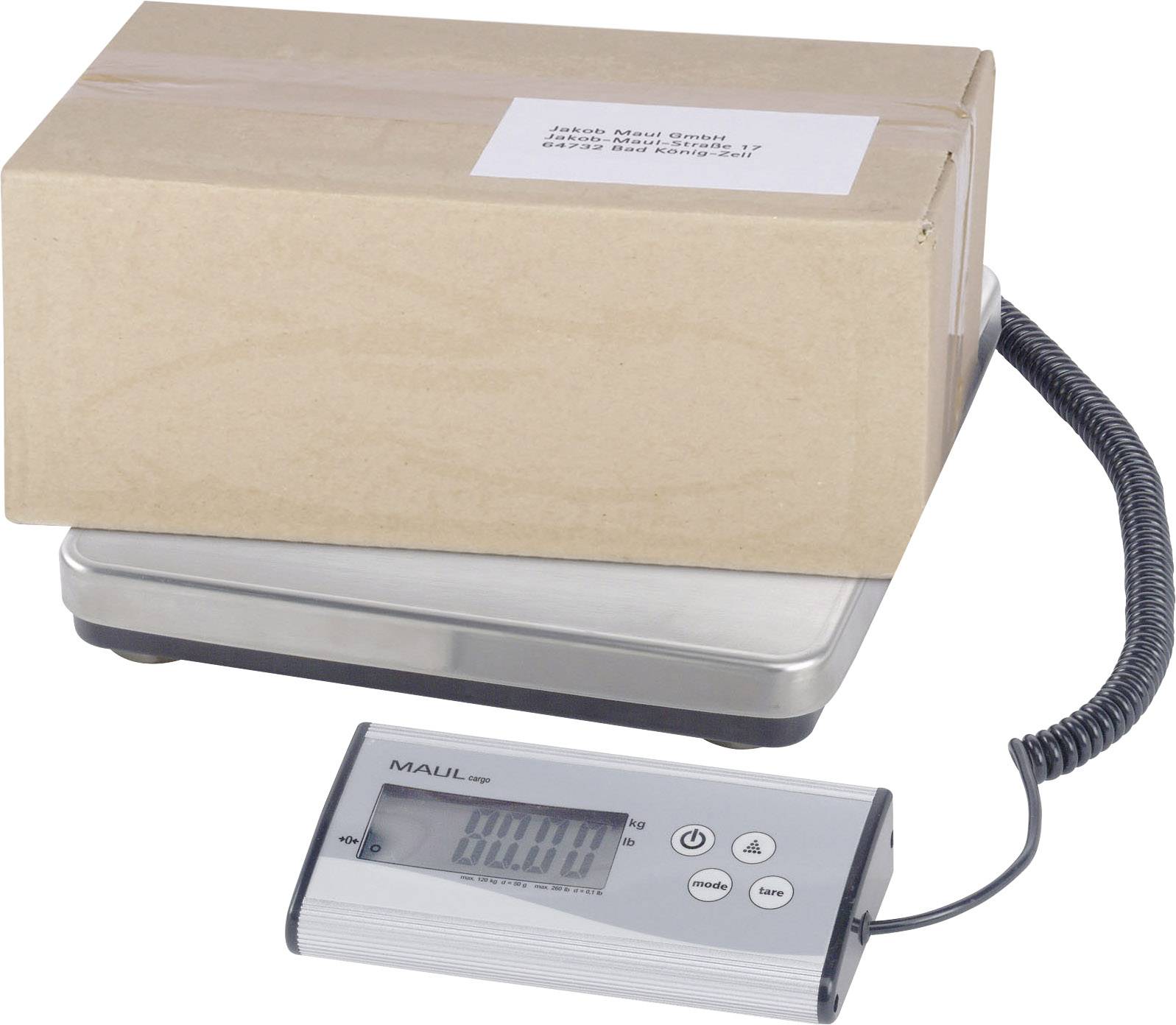 Ein braunes Paket auf einer digitalen Waage. Das Display zeigt '800 g' an.
