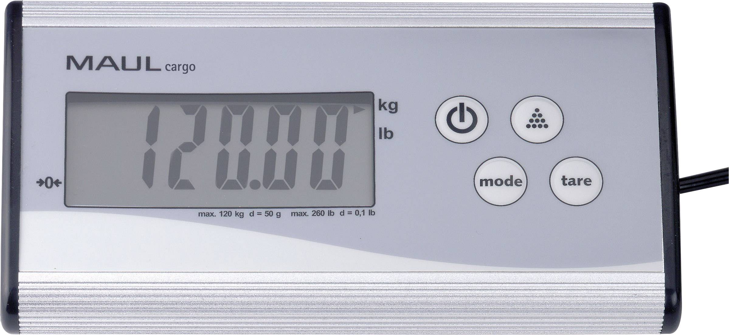 Digitale Waage zeigt '120.00 kg' an. Knöpfe für Ein/Aus, Modus und Tara sind sichtbar.