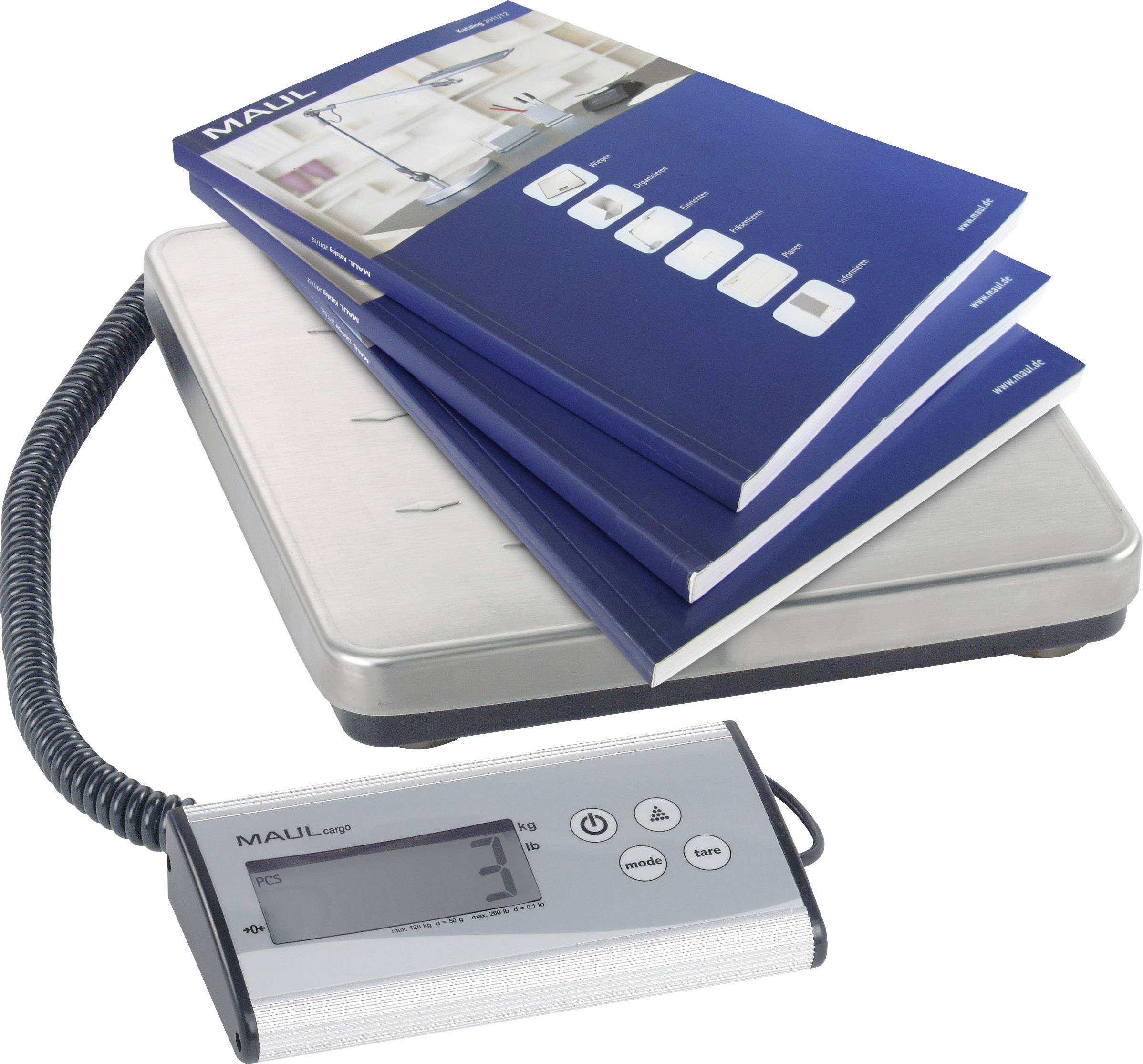 Elektronische Waage mit digitalem Display wiegt vier blaue Kataloge. Gewichtsanzeige auf Display: 3 kg.