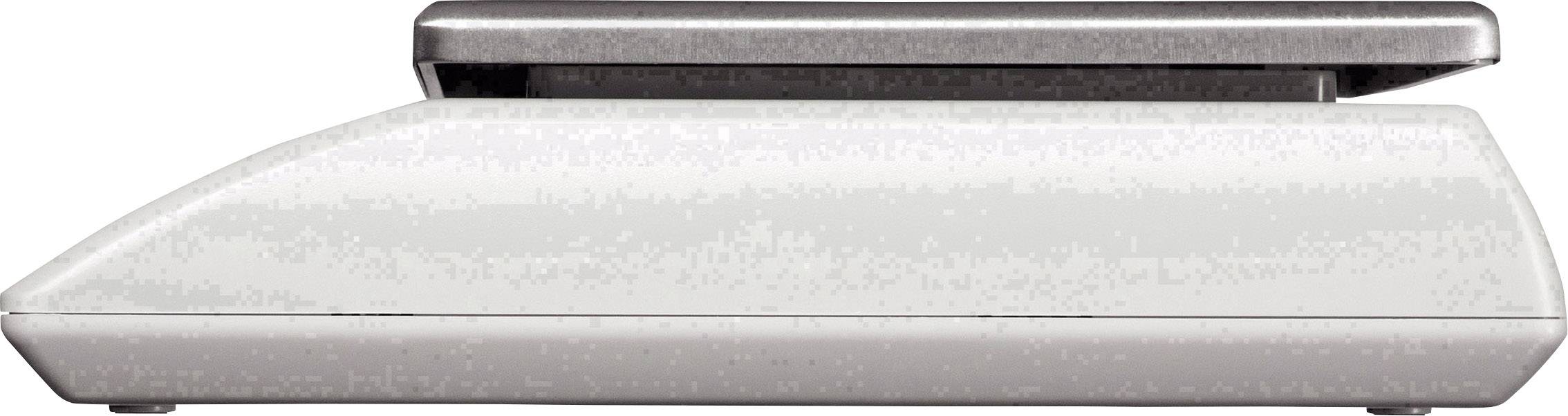 Elektronische Waage in seitlicher Ansicht. Die Oberfläche ist flach und metallic, die Basis weiß. Geeignet für präzises Wiegen.