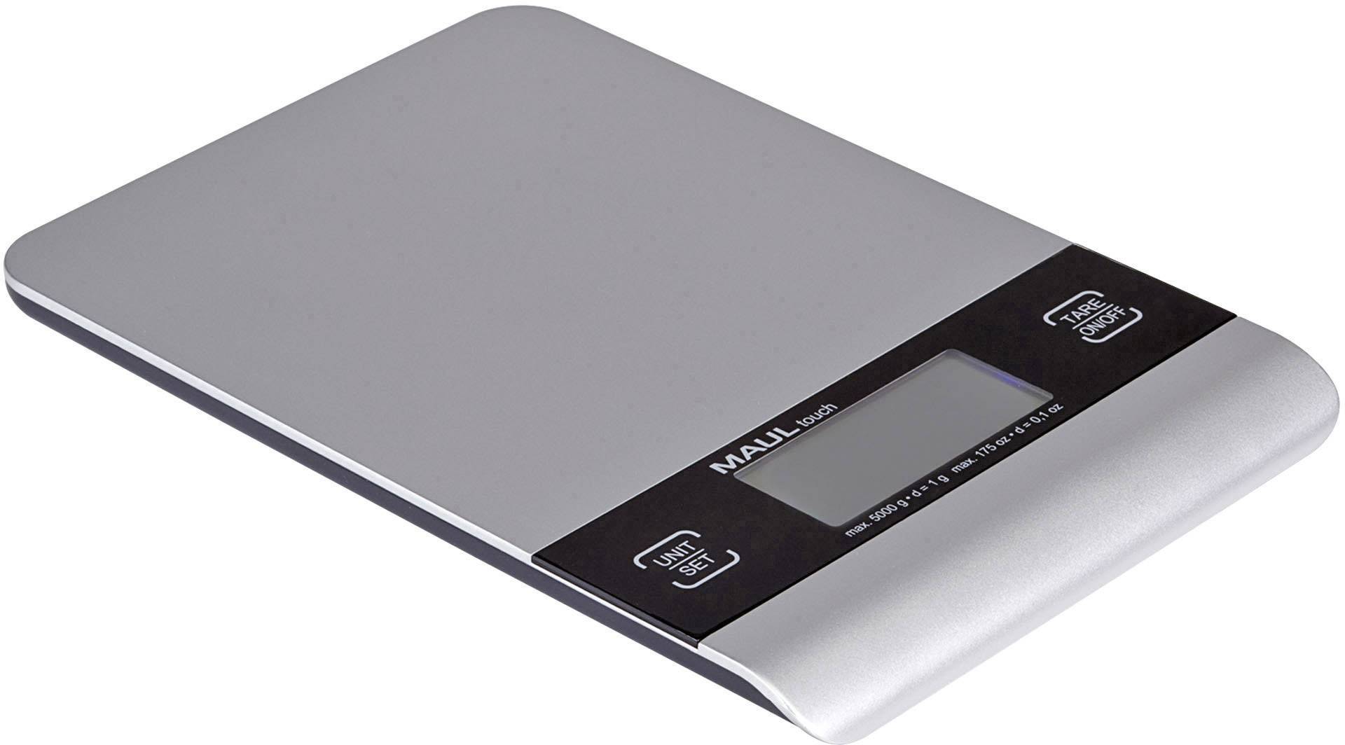 Elektronische Küchenwaage mit digitalem Display, silber-schwarz. Zeigt Gewicht präzise an. Ideal zum Abwiegen von Zutaten.