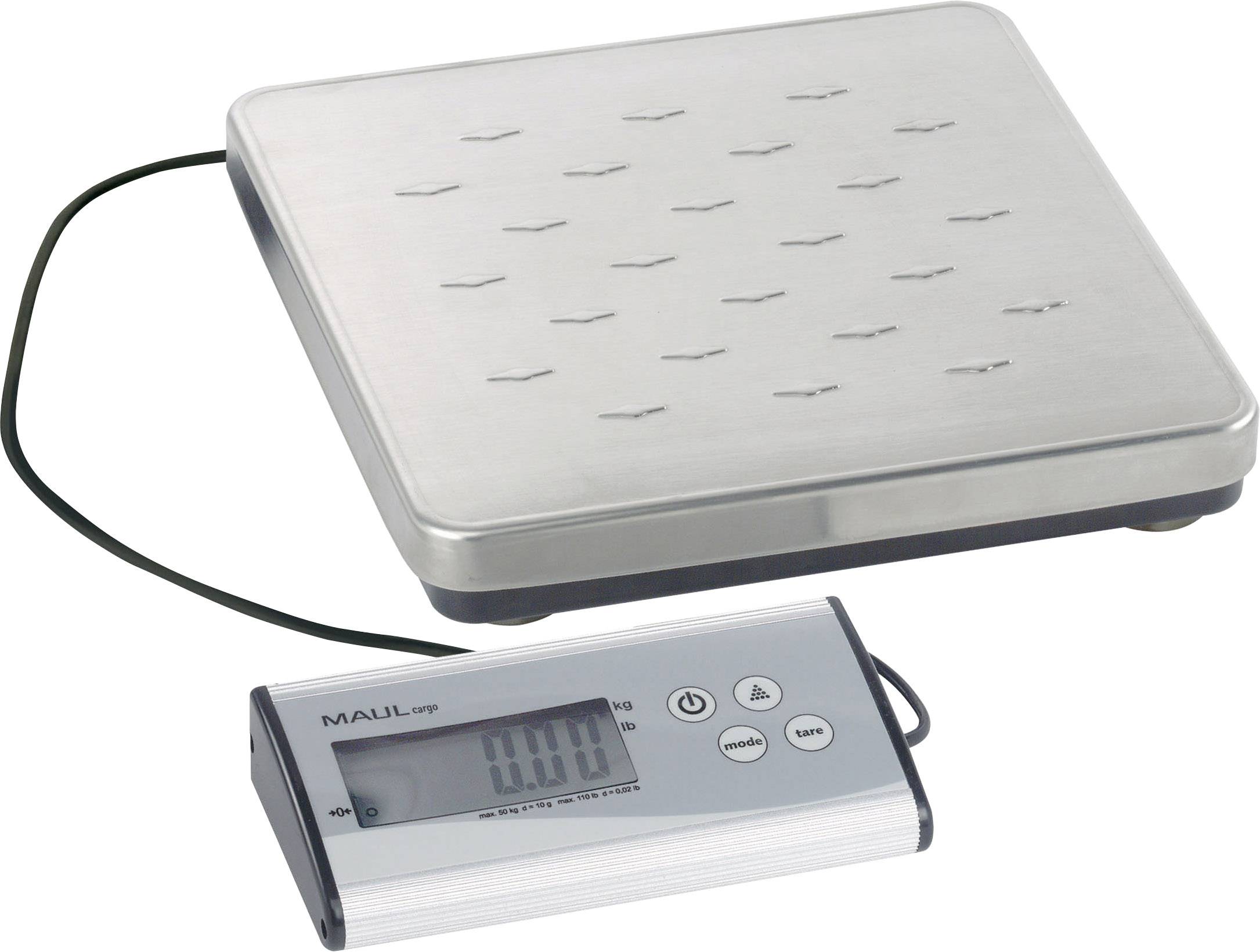 Elektronische Briefwaage mit digitalem Display, zeigt 0,000 kg an. Silberne Wiegefläche, verbunden mit dem Display über ein Kabel.