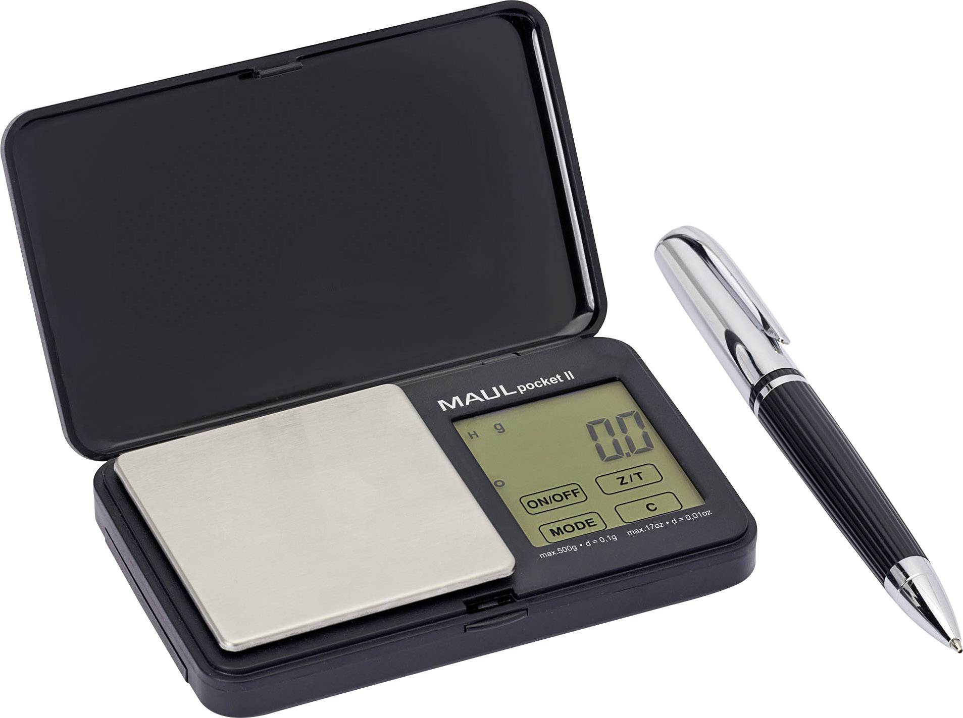 Kompakte digitale Taschenwaage 'Maul Pocket II' mit Edelstahlwiegefläche, LCD-Display und Stiftnotizblock, ideal für präzises Wiegen unterwegs.