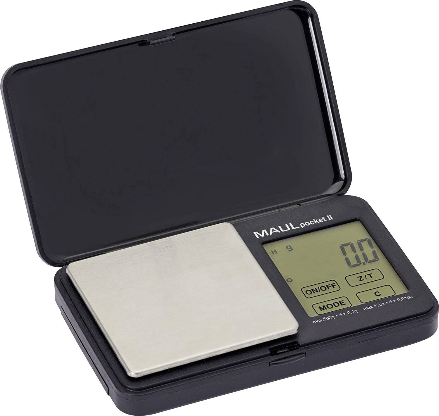 Digitale Taschenwaage mit offenem Deckel, Anzeigebildschirm zeigt '0.0'. Links Metallwiegefläche, rechts Bedientasten für Ein/Aus und Moduswechsel.