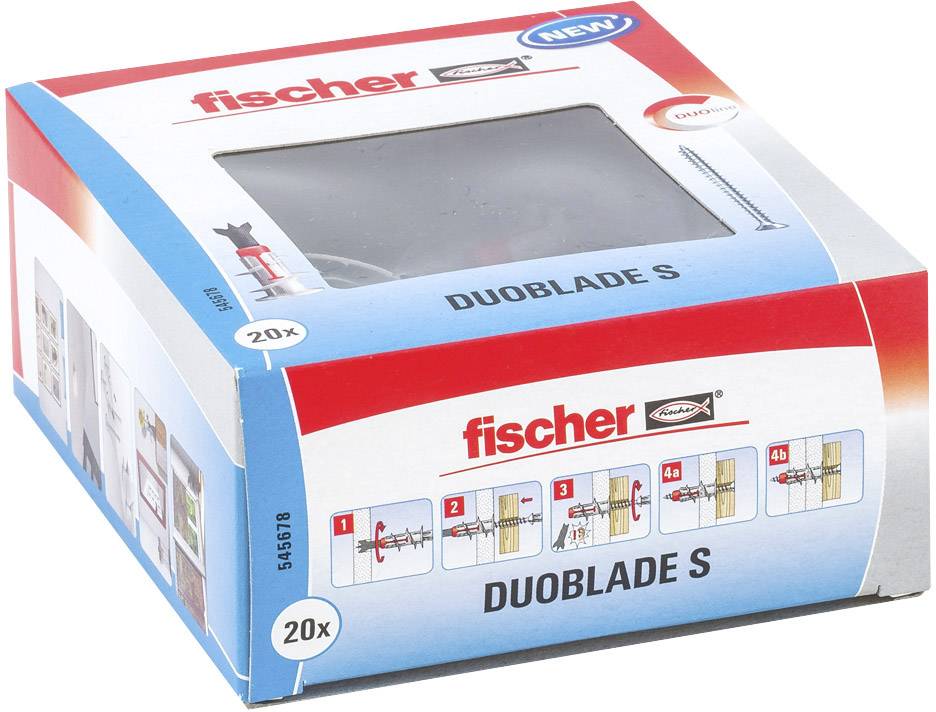Verpackung der Fischer Duoblade S, mit Bildanleitung in vier Schritten zur Montage von Dübel und Schraube, enthält 20 Stück.