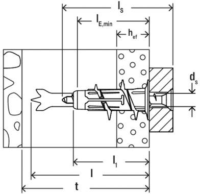 Technisches Diagramm mit beschrifteten Abmessungen eines Ankerschraubenbolzens in einer Wand, die spezifische Längen und Durchmesser für die Installation hervorhebt.