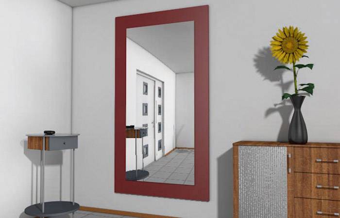 Ein modern eingerichteter Flur mit einem großen Spiegel in rotem Rahmen, einem Sideboard, einem kleinen Tisch und einer Vase mit Sonnenblume.