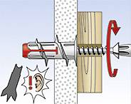 Illustration eines Dübels in einer Wand: Ein Pfeil zeigt die Drehrichtung zum Befestigen, ein Symbol warnt vor lautem Geräusch.