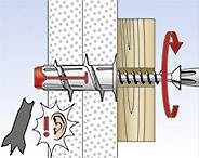 Illustration zeigt, wie ein Dübel befestigt wird: Bohrer, Schraube und Warnsymbol für Lärm. Holz und Mauerwerk sind verbunden.