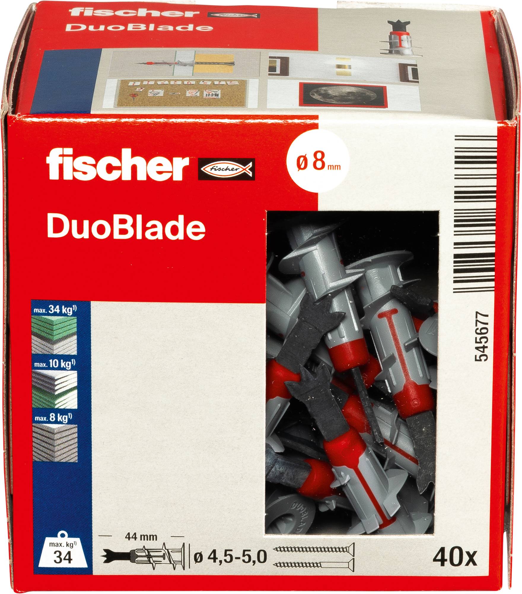 Packung Fischer DuoBlade Dübel, mit Produktabbildung, Größe 'Ø 8 mm' und Menge '40x'. Enthält Angaben zu Tragfähigkeiten und Schraubengröße.
