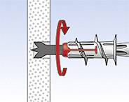 Dübel wird durch Drehbewegung in Wand eingeschraubt. Links Schraubspitze; rechts Wand. Zweck: Verankerung in Wandmaterial.