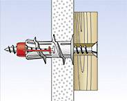 Illustration eines Spreizdübels in einer Betonwand, der ein Holzbrett hält. Der Dübel ist aus Metall und selbstschneidend.