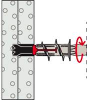 Diagramm, das die Installation eines Wandankers in eine perforierten Wand zeigt. Der Anker wird ausgeweitet und sichert sich in Position.