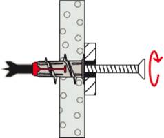 Eine Illustration einer Dübelmontage in einer Wand, die zeigt, wie sich der Bolzen beim Drehen ausdehnt, um die Befestigung zu sichern.