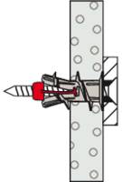 Diagramm eines Trockenbauankers, Seitenansicht der Installation. Enthält eine Schraube, eine erweiterbare Hülse und eine auf Trockenbau montierte Ankerbasis.