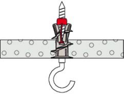 Eine Illustration zeigt einen Kippdübel mit einem Haken, der durch eine Wand führt. Der Dübel expandiert hinter der Wand, um sich an Ort und Stelle zu sichern.