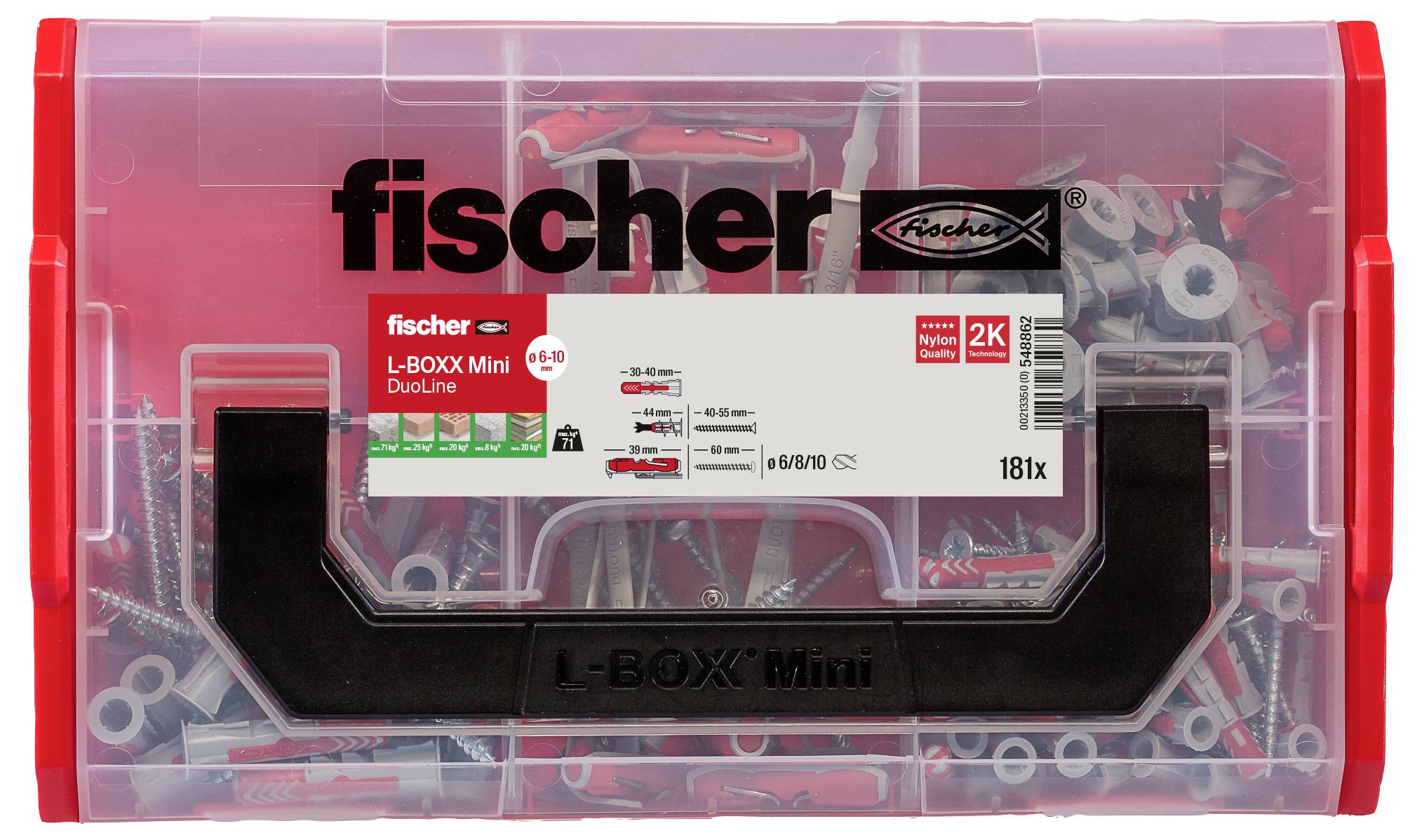Kunststoffbox von Fischer, gefüllt mit verschiedenen Schrauben und Dübeln. Modell 'L-BOXX Mini'. Geeignet für Heimwerkerprojekte.