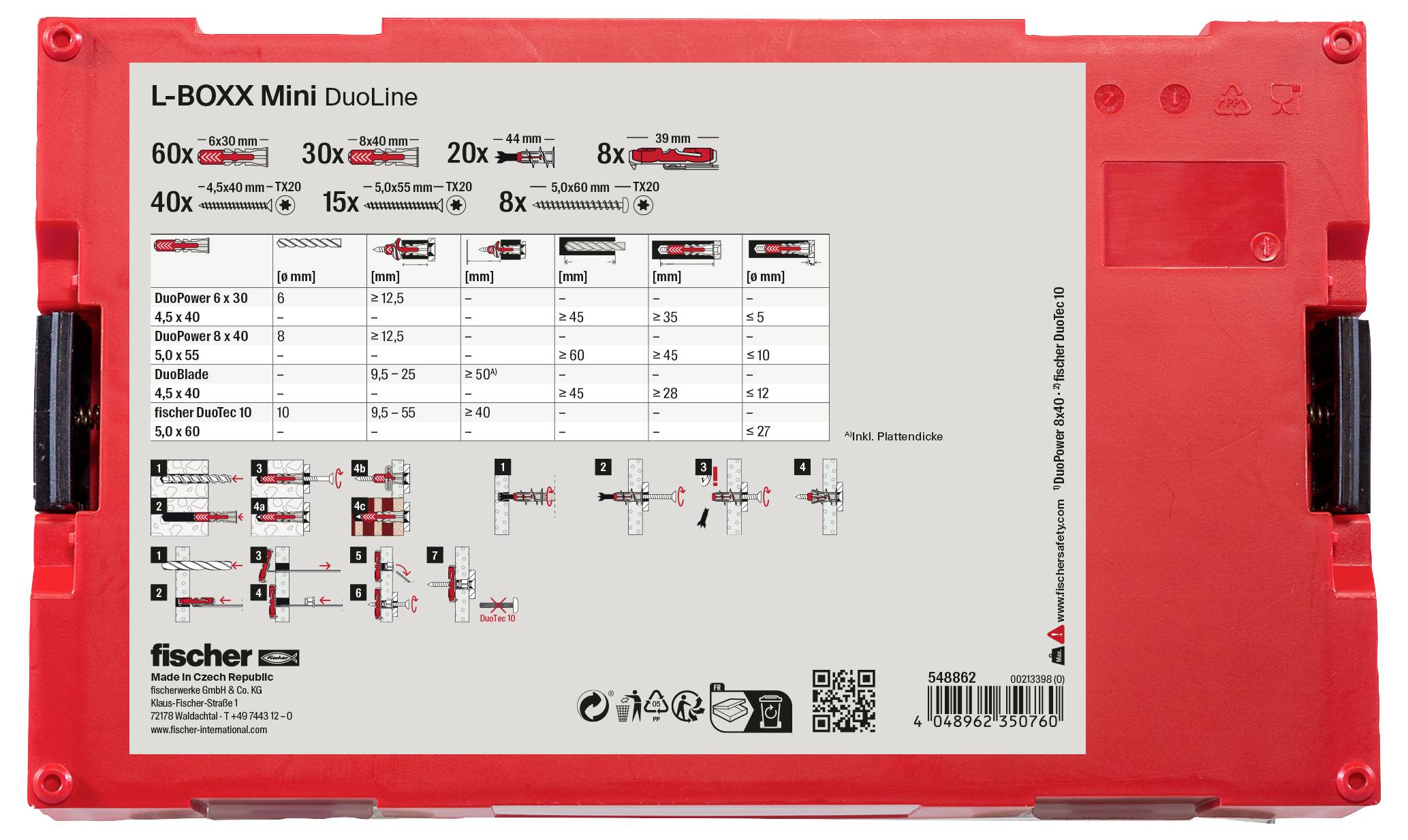 Roter Werkzeugkasten mit grauem Etikett, darauf Tabelle: Mengenangaben von Dübeln und Schrauben, Diagramm zeigt Montageanleitung.