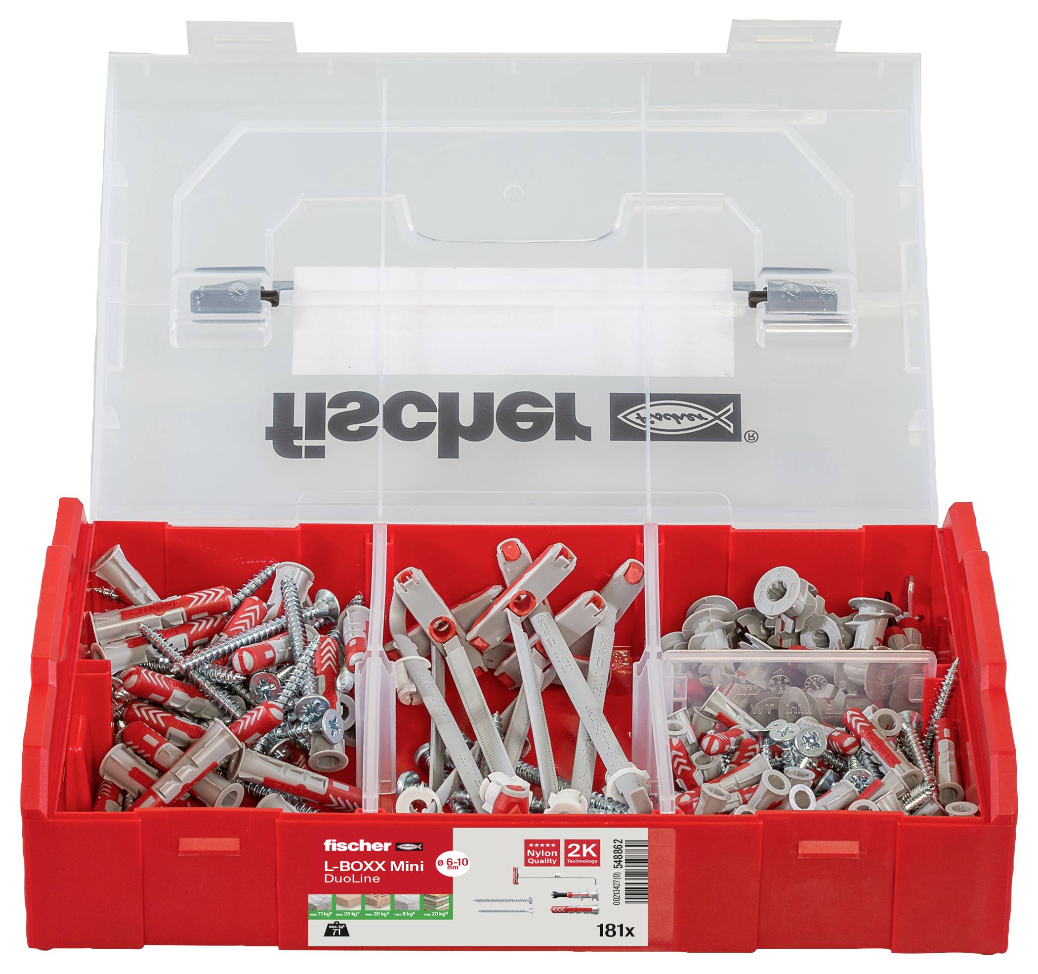 Roter Werkzeugkasten von Fischer, gefüllt mit verschiedenen Dübeln und Schrauben, geeignet für leichte bis mittlere Befestigungen in verschiedenen Materialien.