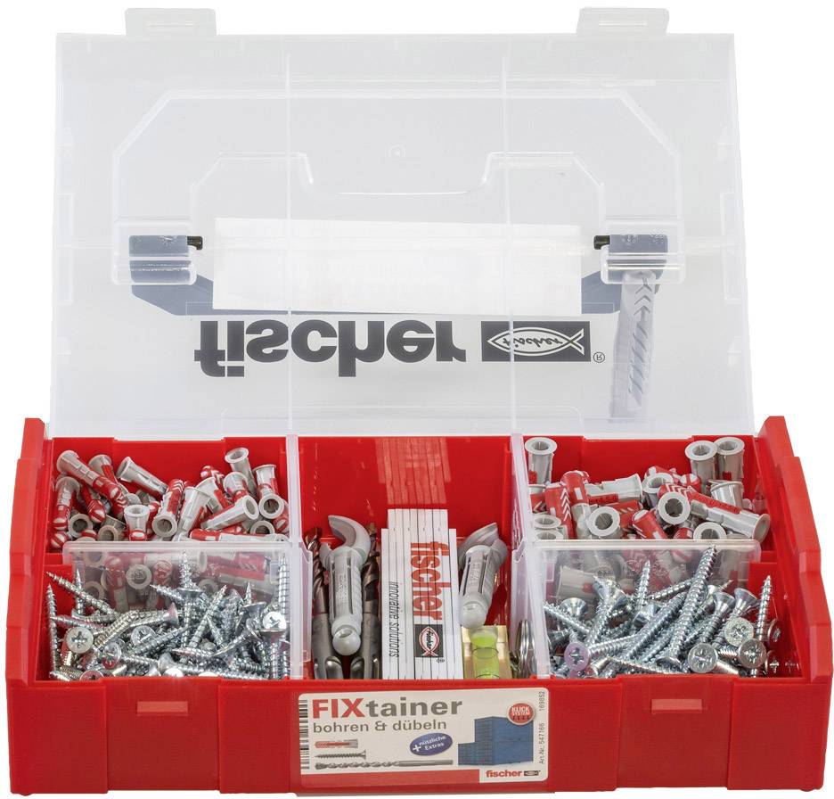 Eine rote Box mit verschiedenen Schrauben und Dübeln, aufgeteilt in Fächer. Im Deckel steht 'Fischer'.