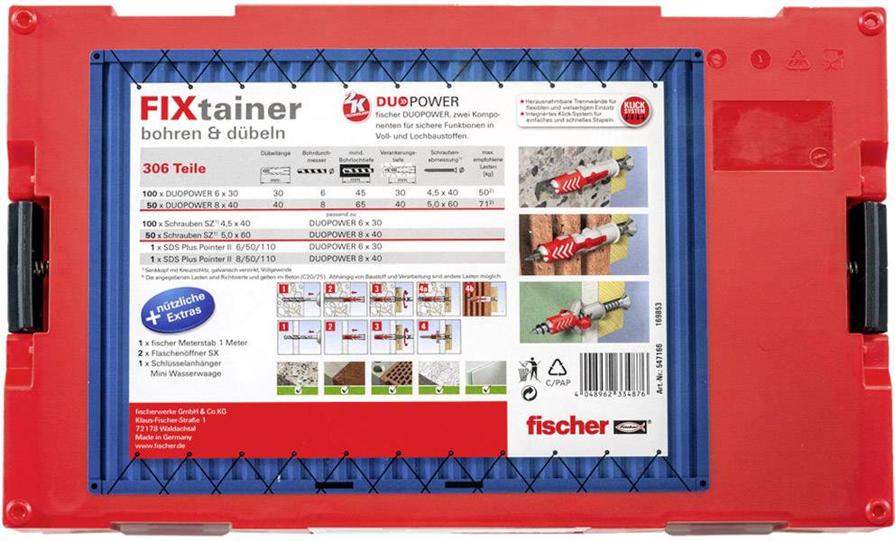 Roter FIXtainer-Koffer von Fischer. Enthält 306 Teile: Dübel, Schrauben. Geeignet für Baustoffe. Ideal für diverse Bohr- und Dübelprojekte.