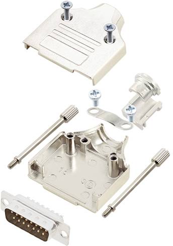 Ein zerlegtes Metallgehäuse für einen D-Sub-Stecker mit Schrauben, Gewindeeinsätzen und Anschlussstücken. Hauptbestandteile nebeneinander aufgefächert.
