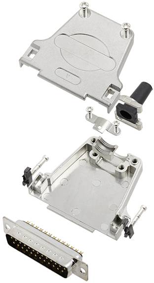 Metallischer Steckverbinder in Einzelteilen für den Zusammenbau. Enthält Abdeckung, Gehäuse und Stiftleiste, zeigt Details und Struktur.