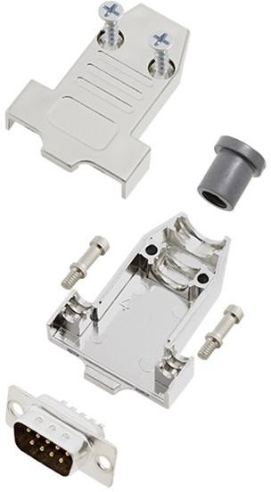 Silbernes D-Sub Gehäuse-Set mit Ober- und Unterteil, Schrauben und einer Kabeltülle. Geeignet zum Schutz elektrischer Verbindungen.