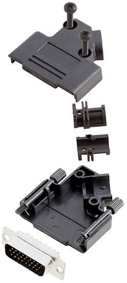 Eine zerlegte Steckverbindungsabdeckung mit Schrauben, Kabelklemmen und einem 15-poligen Stecker. Ober- und Unterteile sind sichtbar.