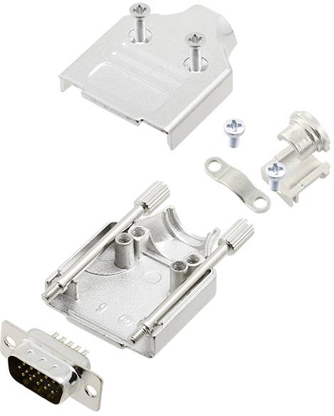 Zerlegtes D-Sub-Stecker-Kit: Gehäuseteile, Schrauben, Kabelhalterung, und Anschluss mit Pins in silberner Farbe.