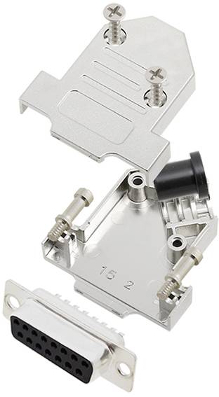 Silbernes D-Sub-Steckergehäuse, geöffnet, zeigt Schrauben und Anschlussstücke. Geeignet für elektronische Verbindungen.
