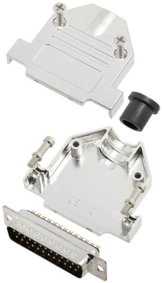 Offenes Gehäuse eines D-Sub-Steckverbinders mit Metallabdeckung, Schrauben und schwarzem Kunststoffelement, zeigt Innenstruktur.