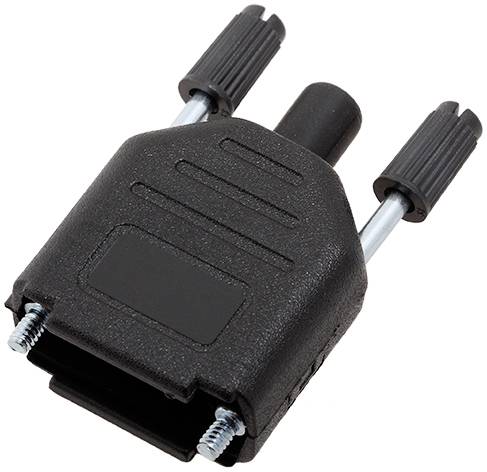 Ein schwarzer Kunststoffstecker mit zwei Schrauben zur Befestigung und zwei Rändelknöpfen oben zur sicheren Verbindung.