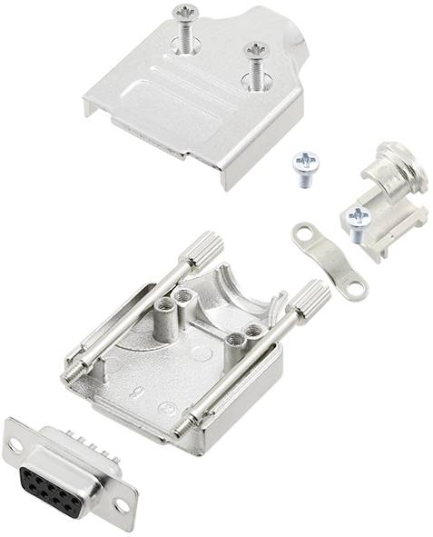 Metallgehäuse-Kit für Sub-D-Stecker, bestehend aus zwei Gehäuseteilen, Schrauben und Kabeldurchführung, zur Montage elektronischer Verbindungen.