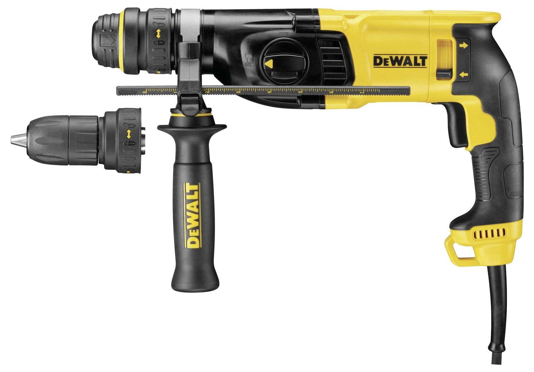 Bohrmaschine von DeWalt in Schwarz und Gelb, mit austauschbarem Bohrfutter, seitlichem Griff zur Stabilisierung. Ideal für Heimwerker.