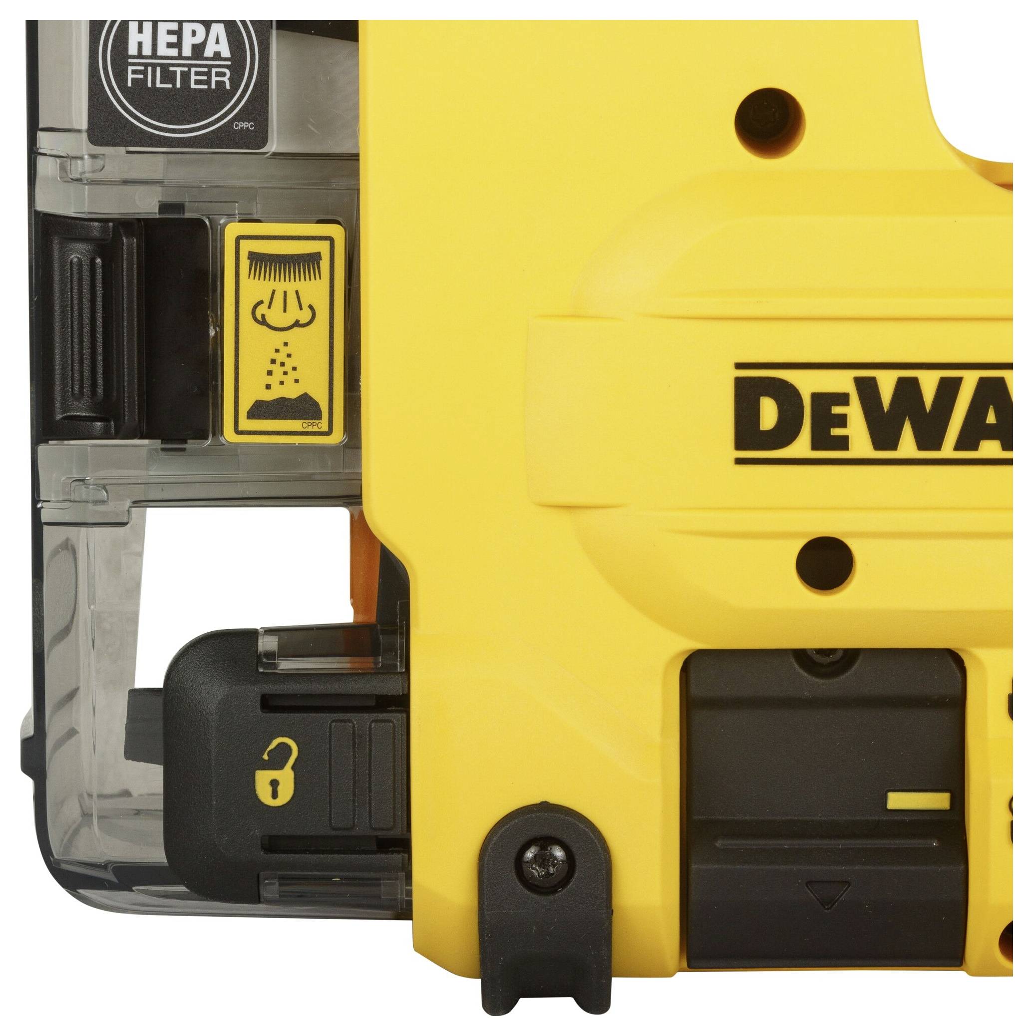 Ein gelbes Werkzeug mit 'DeWalt'-Logo, zeigt ein HEPA-Filter-Symbol und Sicherheitsinstruktionen zum Sperren und Freigeben.