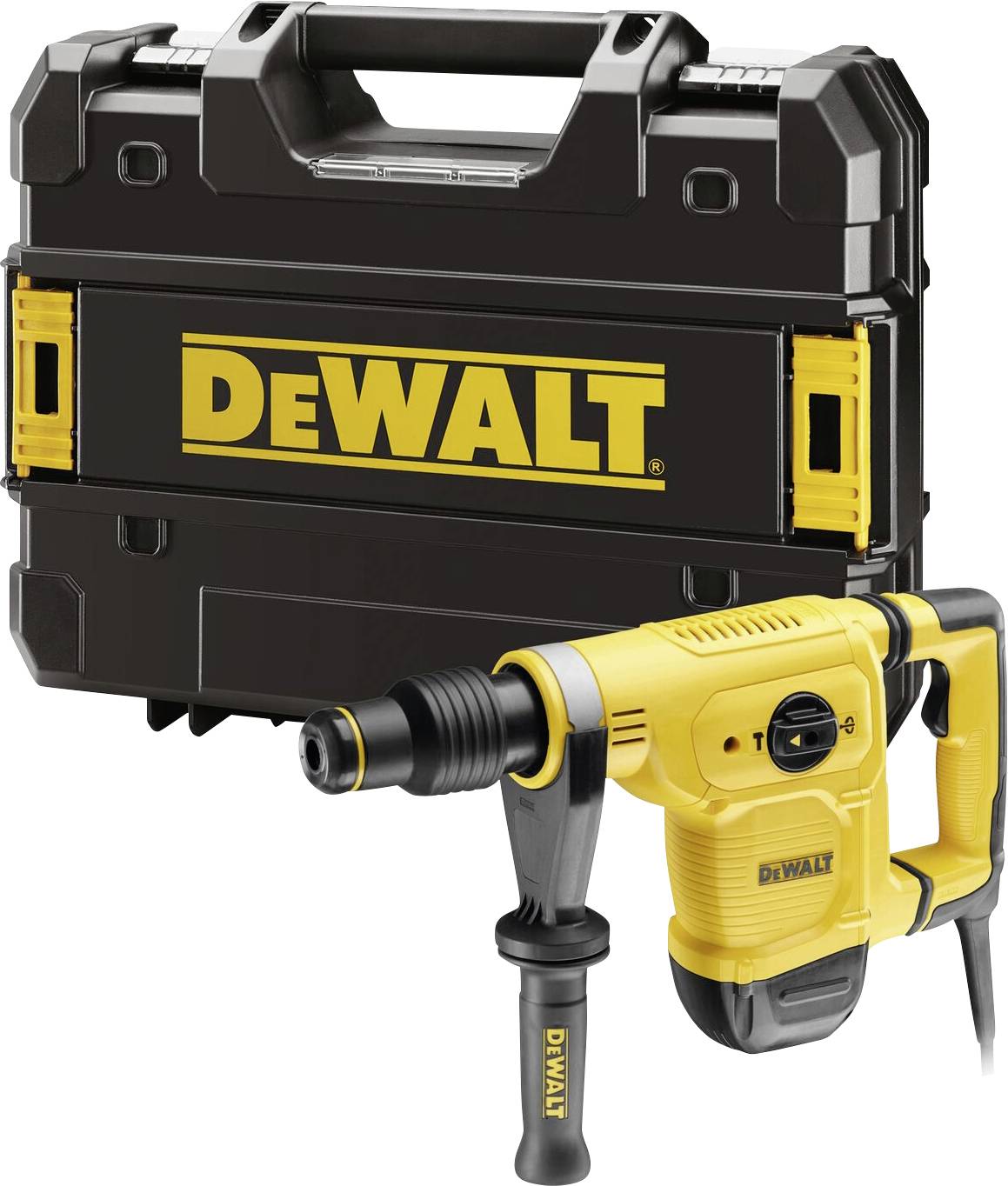 Gelber DeWALT-Bohrhammer vor einem schwarzen Werkzeugkoffer mit DeWALT-Logo.