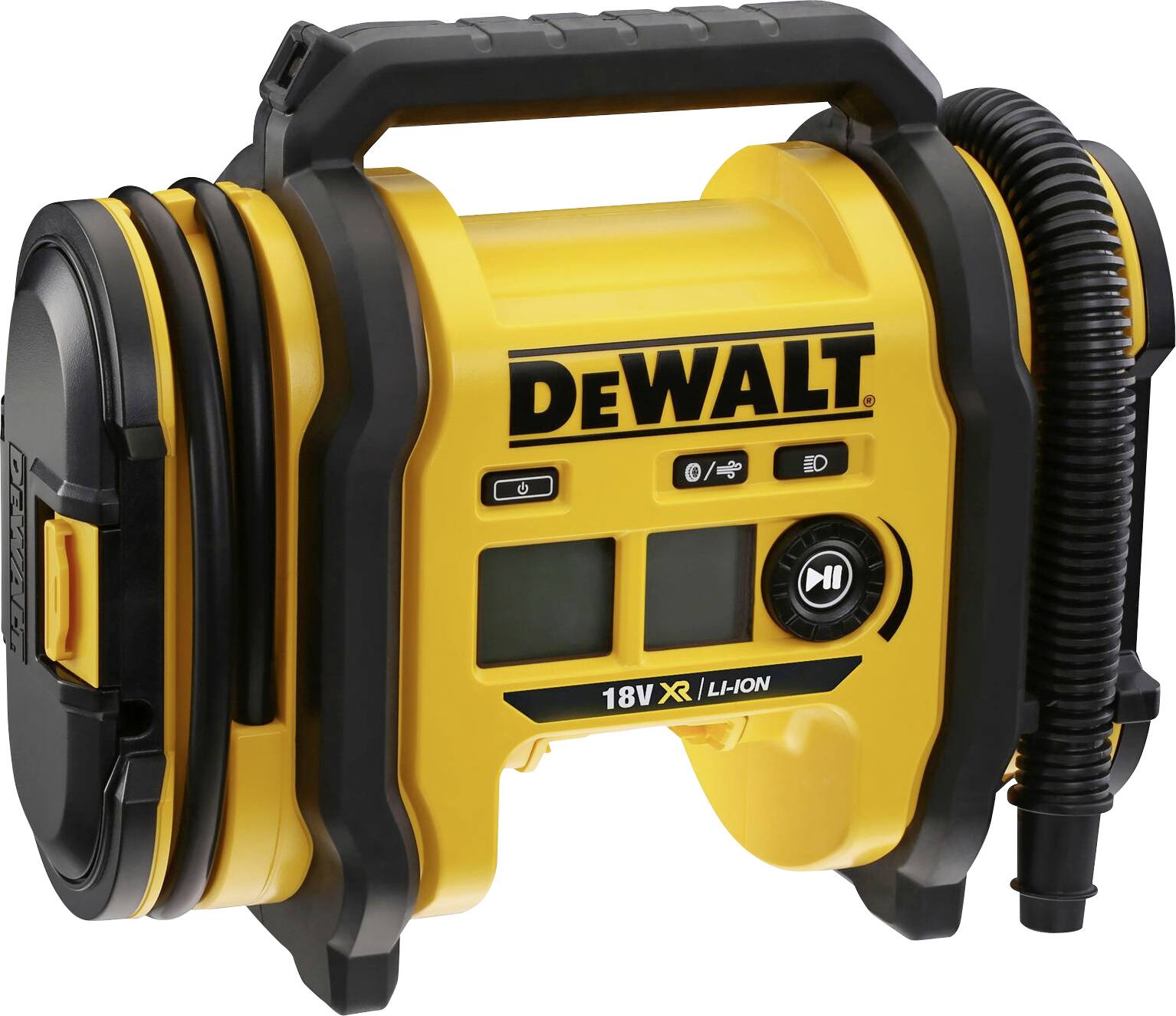 'Dewalt 18V Li-Ion' tragbarer Luftkompressor, gelb-schwarz, mit digitaler Anzeige und Bedientasten, flexiblem Schlauch.