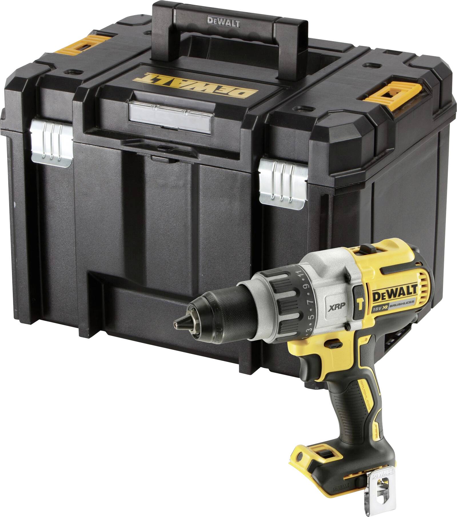 Akkubohrmaschine und schwarzer Werkzeugkoffer der Marke DEWALT. Die Bohrmaschine ist gelb-schwarz und steht vor dem geschlossenen Koffer.