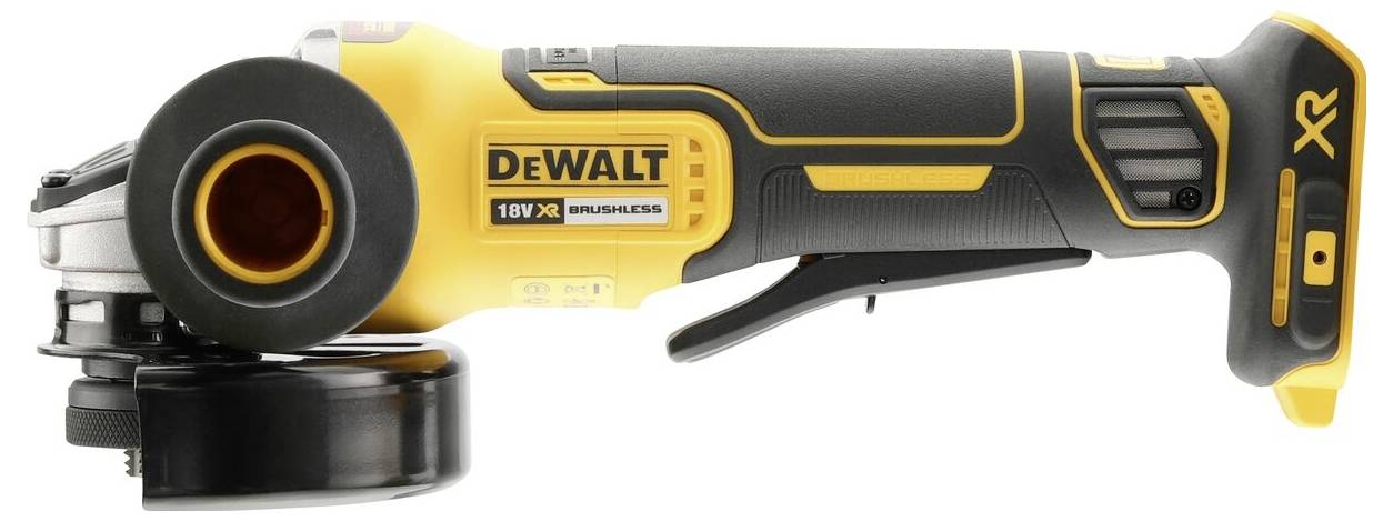 Ein gelber und schwarzer DeWalt 18V Winkelschleifer. Akku-betrieben und für Schleifarbeiten geeignet.