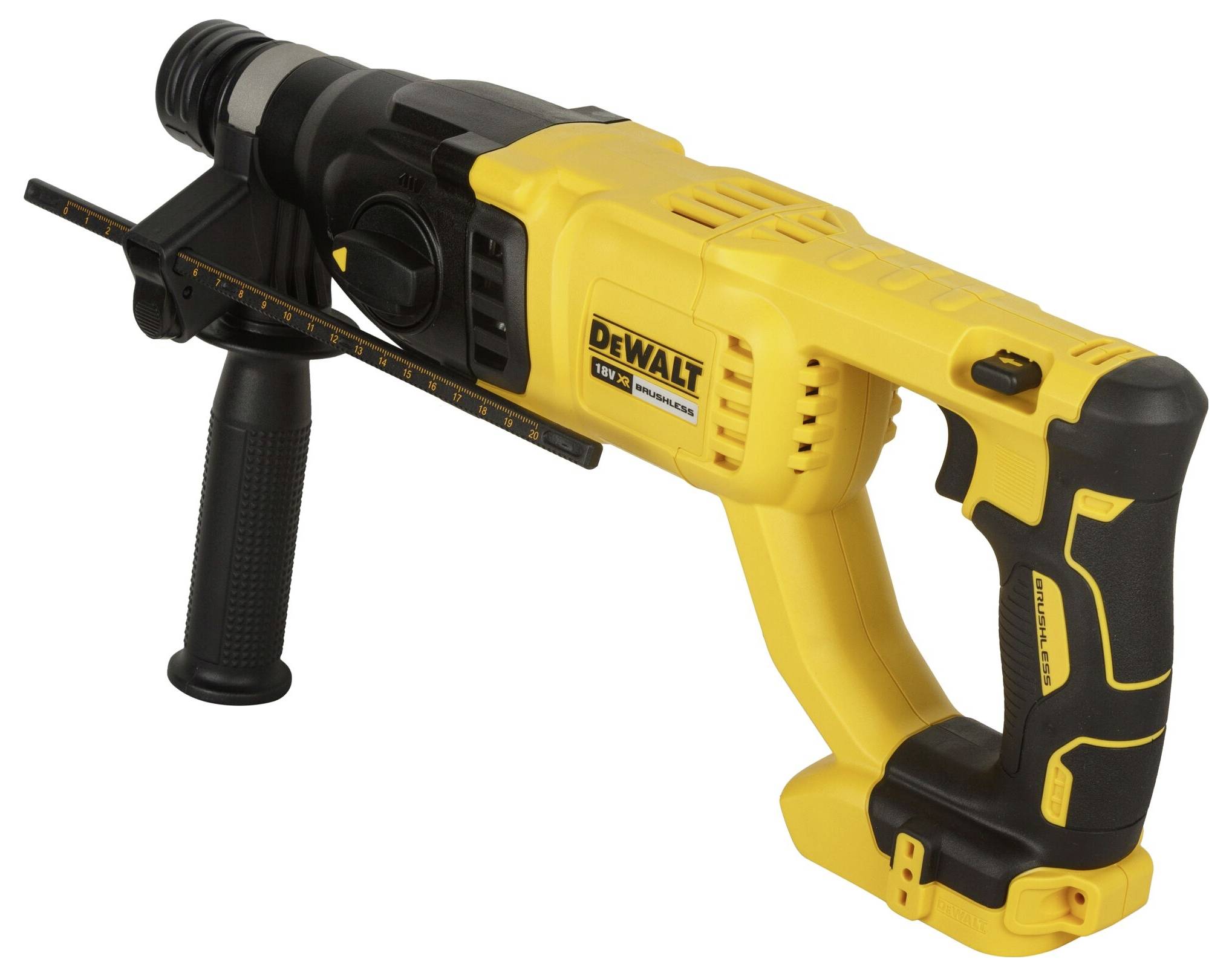 Ein gelber, kabelloser Akku-Schlagbohrer mit schwarzem Griff und DEWALT-Logo, geeignet für Bauarbeiten und DIY-Projekte.