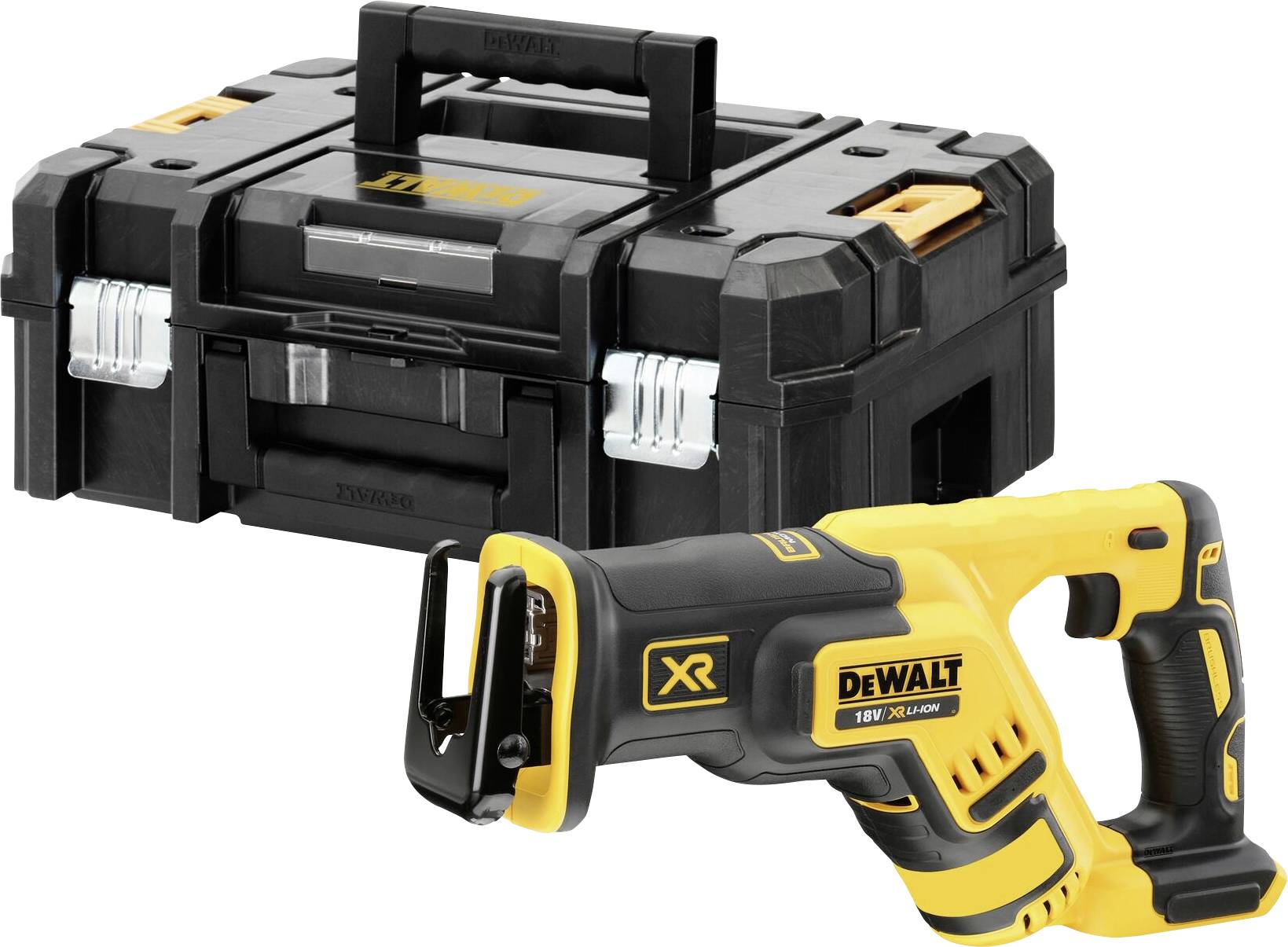 Akkusäbelsäge in gelb-schwarz mit passendem schwarzen Werkzeugkoffer, beide von DeWalt.