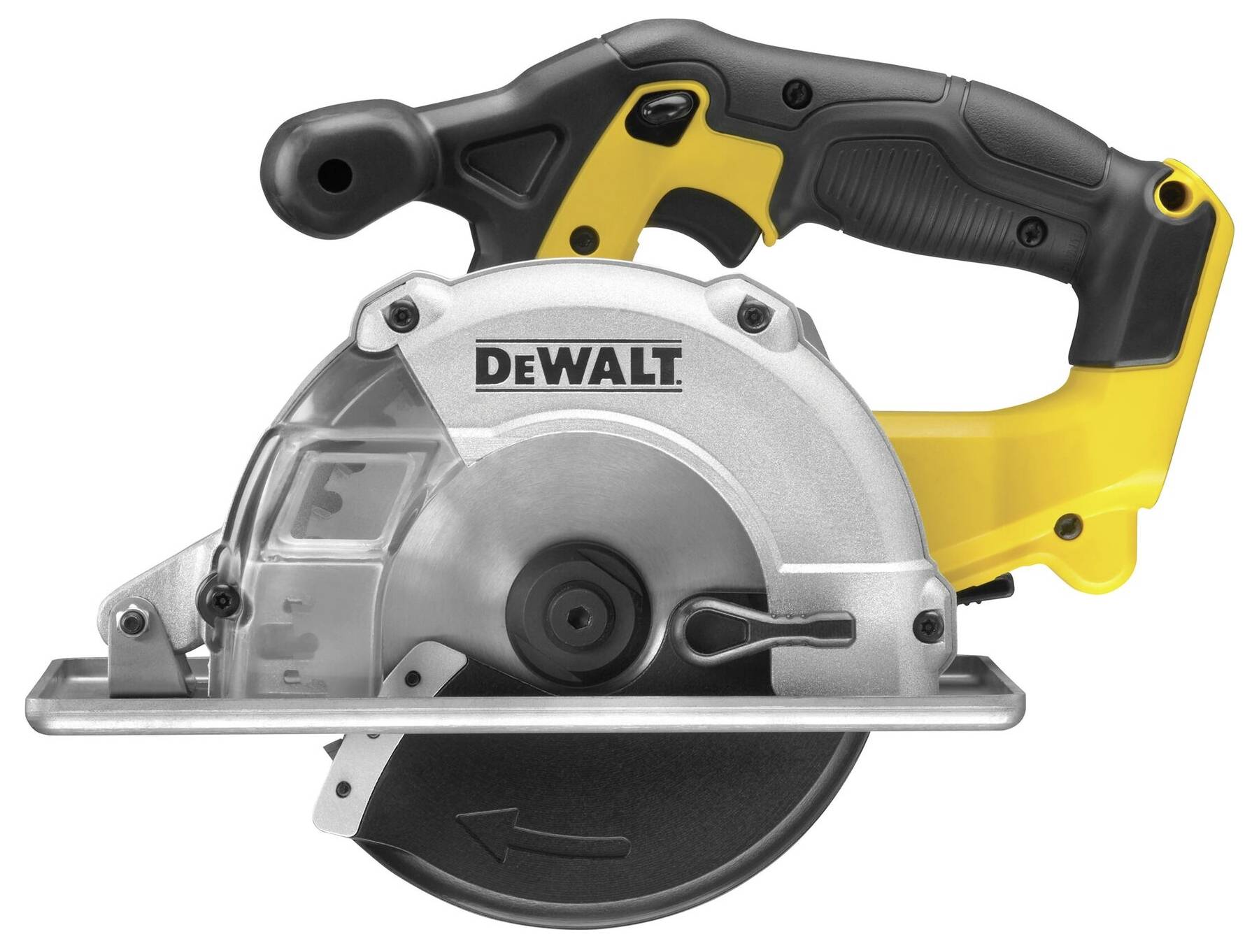 Handkreissäge der Marke DeWalt, gelb und schwarz, mit ergonomischem Griff und sichtbarem Sägeblatt.