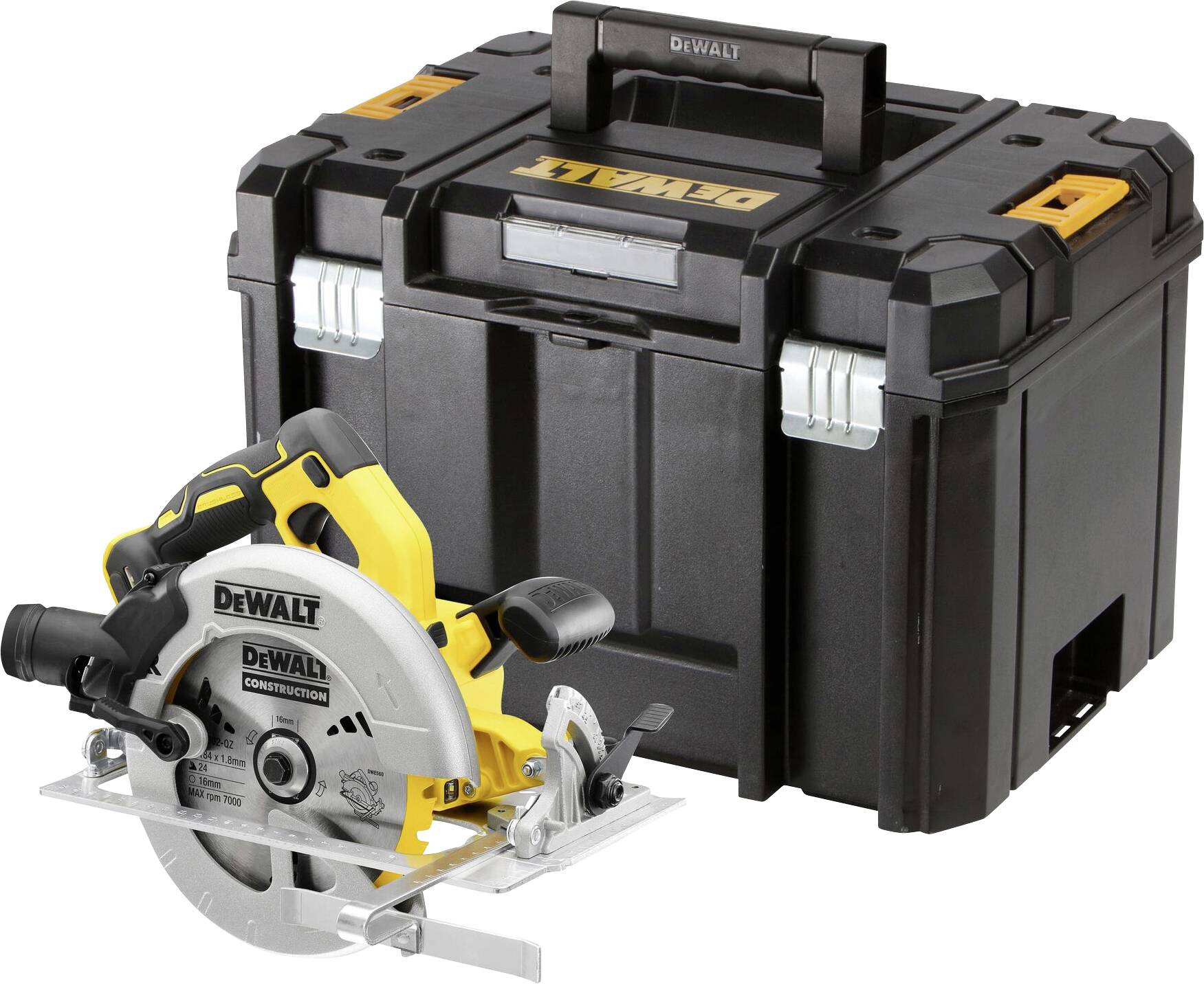 Kreissäge und Transportkoffer von Dewalt vor weißem Hintergrund.