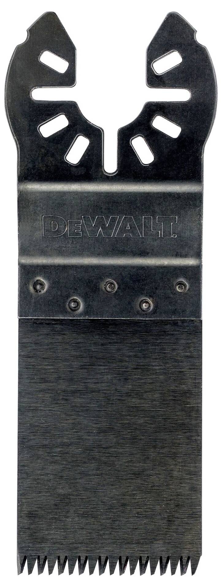 Metallsägeblatt mit Aufschrift 'DEWALT', rechteckige Form mit gezahnter Unterkante und abgerundeten Ausschnitten oben, geeignet für Sägen.