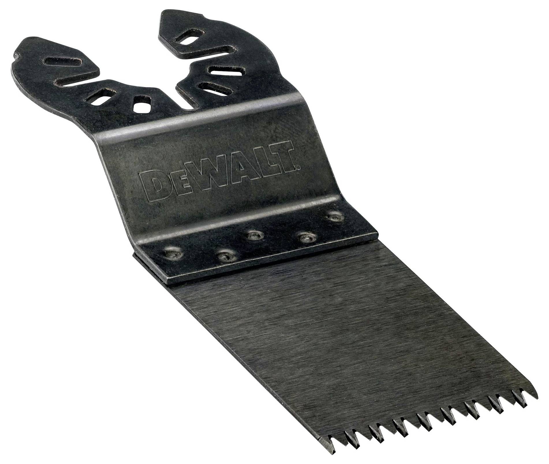 Metallisches Multifunktionswerkzeugaufsatz von DEWALT mit gezackter Schneidkante, geeignet für präzises Schneiden und Schleifen.