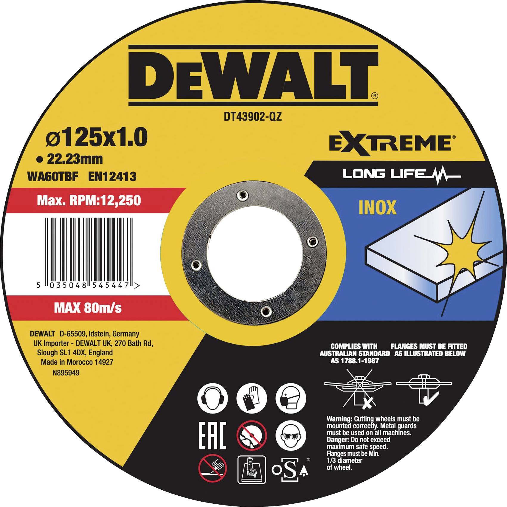 DeWalt Schleifscheibe, Ø125x1.0mm, für Inox/Stahl, max. Drehzahl 12.250 U/min, max. Geschwindigkeit 80 m/s, Made in Germany.