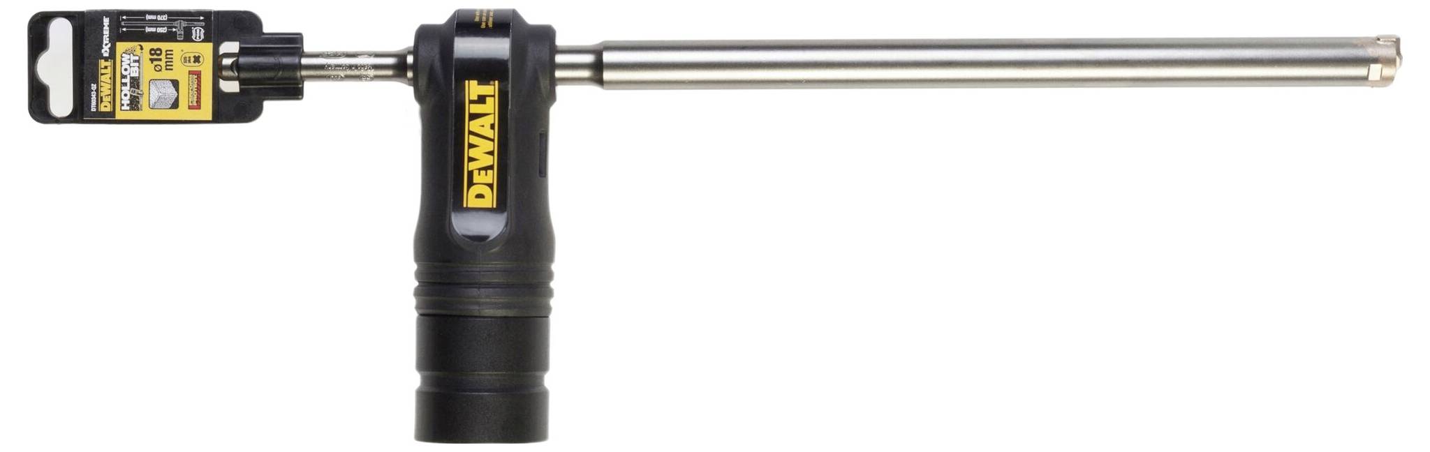 Langes, schwarzes DeWalt-Werkzeug mit gelbem Logo, Griff und starkem Metallstab, wahrscheinlich ein Bohrzubehör.